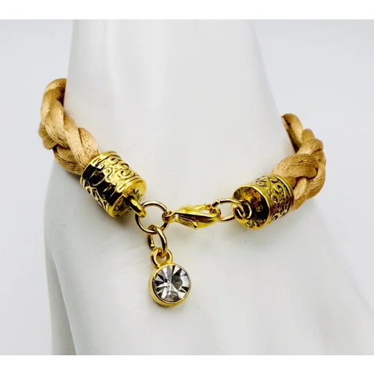 Honey-Beige Braided Bracelet with Faux Diamond Dangle Charm, Gold.