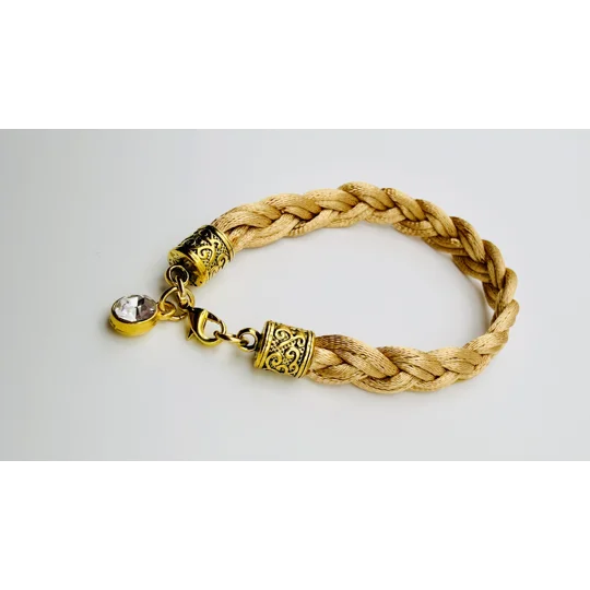 Honey-Beige Braided Bracelet with Faux Diamond Dangle Charm, Gold.