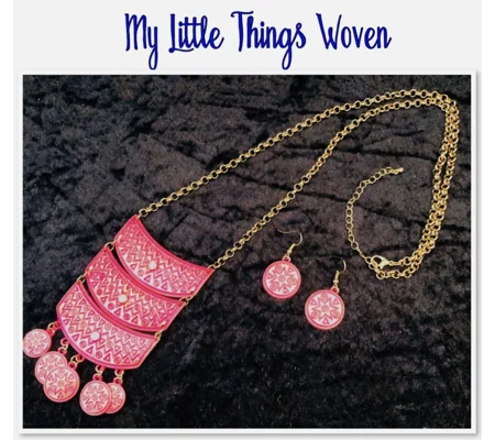 Indian Tribal Ethnic Necklace and Earrings Jewellery Gift Set in Pink & Gold