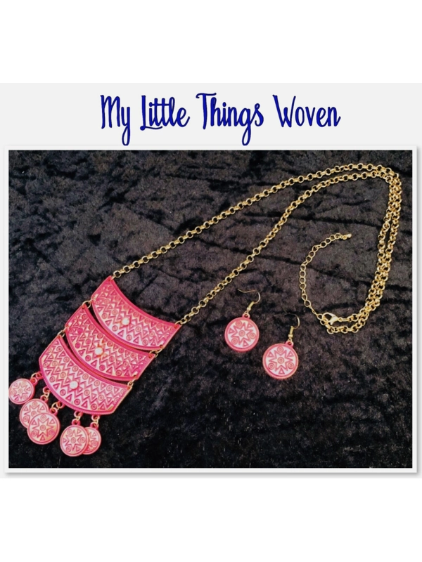 Indian Tribal Ethnic Necklace and Earrings Jewellery Gift Set in Pink & Gold