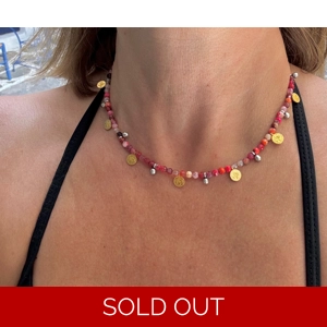 Red and earth agate with gold coins necklace