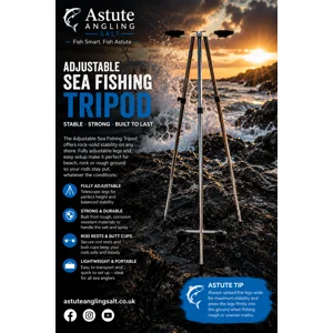 Sea fishing tripod for beach casting and shore angling on wet rocks at sunset.
