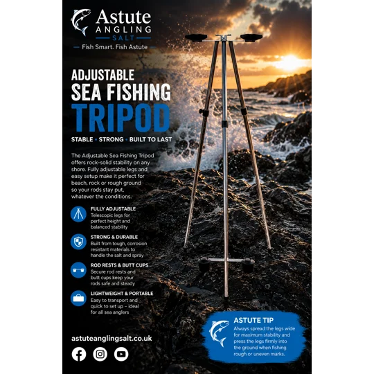 Sea fishing tripod for beach casting and shore angling on wet rocks at sunset.