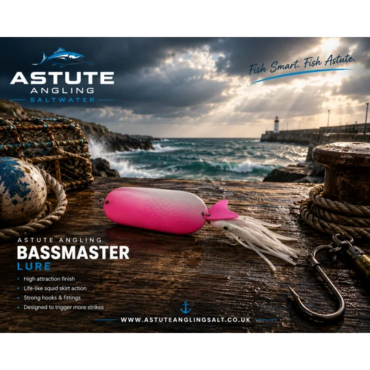 Astute Angling Bassmaster pink and white sea fishing spoon lure with soft squid skirt.