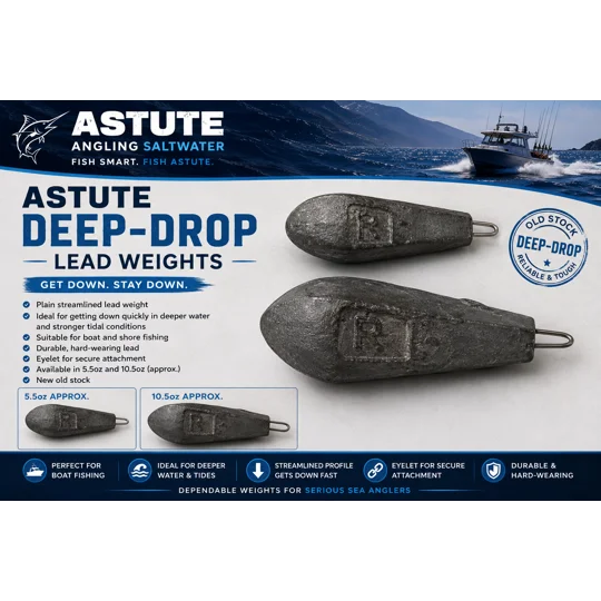 Astute Deep-Drop sea fishing lead weights in approximately 5.5oz and 10.5oz with original R casting mark
