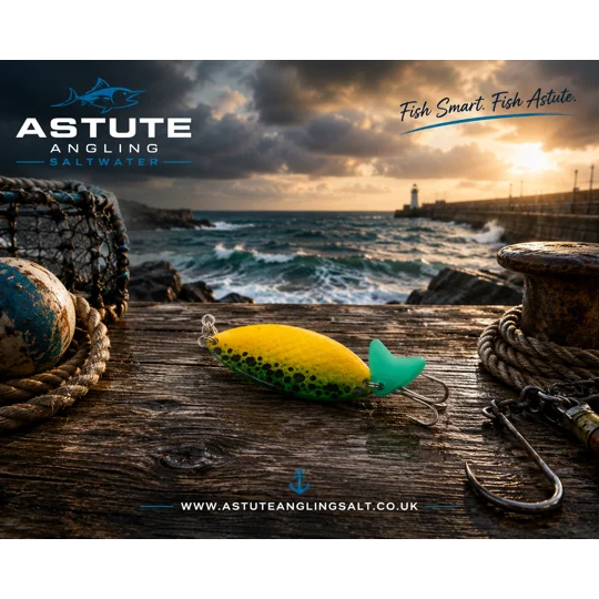 Shakespeare Devil's Own Squid Pirk 25g yellow and green sea fishing lure with pink tail.