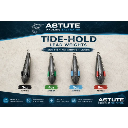 Astute Tide-Hold sea fishing gripper lead weights in approximately 3oz black, 4oz green, 5oz light blue and 6oz red
