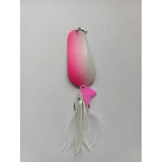 Astute Angling Bassmaster pink and white sea fishing spoon lure with soft squid skirt.