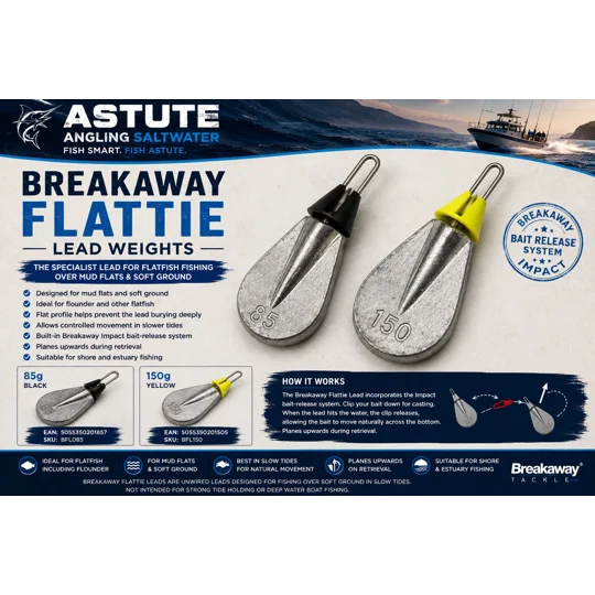 Breakaway Flattie sea fishing lead weights in 85g black and 150g yellow for flounder and flatfish fishing