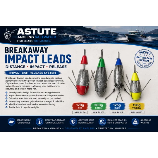 Breakaway Impact sea fishing lead weights with grip wires in 125g blue, 150g yellow, 170g red and 200g green