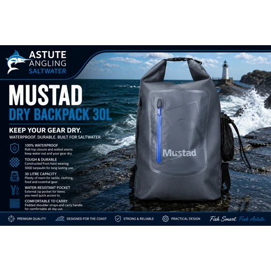 Mustad Dry Backpack 30L waterproof fishing backpack with roll-top closure and 500D tarpaulin construction