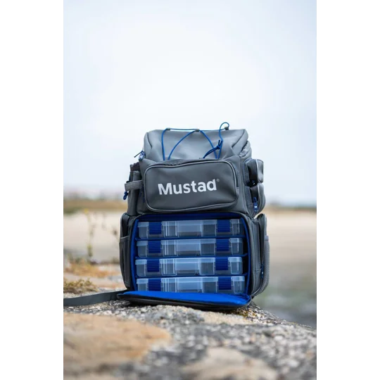 Mustad Game Time Backpack water-resistant fishing tackle backpack with four tackle boxes and rod holder.