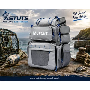 Mustad Game Time Backpack water-resistant fishing tackle backpack with four tackle boxes and rod holder.