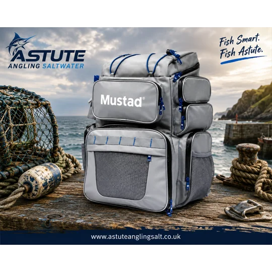 Mustad Game Time Backpack water-resistant fishing tackle backpack with four tackle boxes and rod holder.