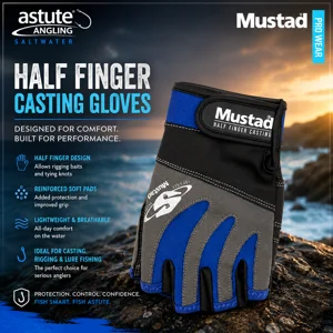 Mustad Half Finger Casting Gloves for sea fishing, lure casting and bait rigging