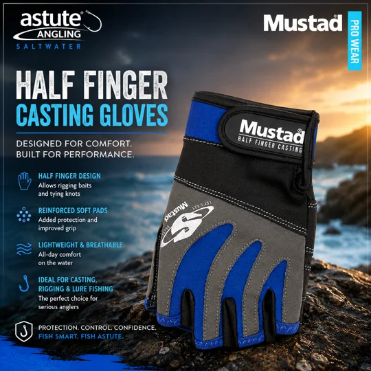 Mustad Half Finger Casting Gloves for sea fishing, lure casting and bait rigging