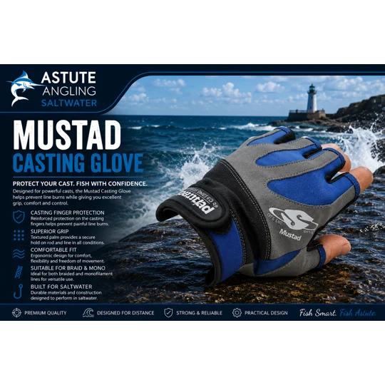 Mustad Half Finger Casting Gloves for saltwater lure fishing with reinforced grip and breathable design