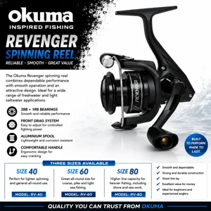 Okuma Revenger spinning fishing reel with front drag and aluminium spool, available in sizes 40, 60 and 80.