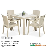 Set Tavoline 90x90 Kopshti me 4 Karrige - Cappuccino RATTAN STYLE (plastike e imituar si rattan)