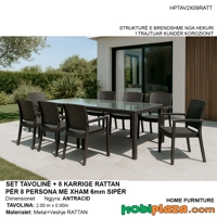 Set tavoline luksoze  200 x 90cm me xham dhe 8 karrige rattan plastike – ngjyre antracid, elegance