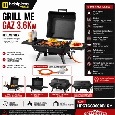 Grill tavoline me Gas 1-djeges 3.6 kW – GRILLMEISTER