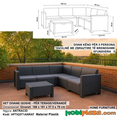 Set Divan Kënd “Rattan Look” – Për 5 Persona me Tavolinë Depozitimi – Ngjyrë Antracid