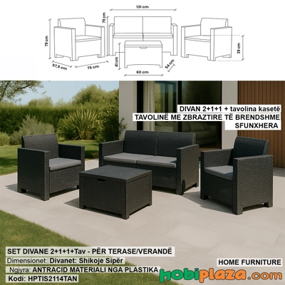 Set Divan “Rattan Look” 2+1+1 me Tavolinë Depozitimi – Ngjyrë Antracid