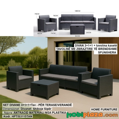 Set Divan “Rattan Look” 3+1+1 me Tavolinë Depozitimi – Ngjyrë Antracid
