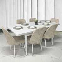 Set Tavoline Buke + 6 karrika (Tavoline e bardhë e zgjatshme Karrikat në përzgjedhje)