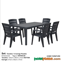 Tavoline Rattan 150x90x75cm  + 6 Karrige me Krahë Derya – Ngjyre Antracit Argjend
