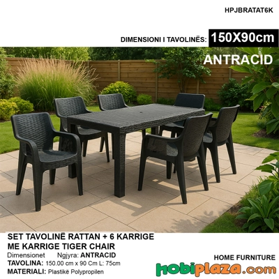 Set tavoline rattan + 6 karrige plastike Tiger Chair – Ngjyrë antracid