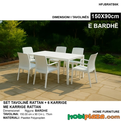 Set Tavoline Kopshti 150x90 me 6 Karrige – Rattan Style, Ngjyra e Bardhë
