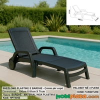 Shezlong Plastik Rattan Look – Paloset në 3 Pjesë, me Rrota – Ngjyrë e Zezë