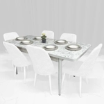 Tavolinë Buke Teksturë Mermeri i bardhë (170/132x78x80cm) e zgjatshme, këmbë metalike-Vetem tavolina