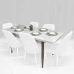 Tavolinë Buke Teksturë Mermeri i bardhë (170/132x78x80cm) e zgjatshme, këmbë metalike-Vetem tavolina