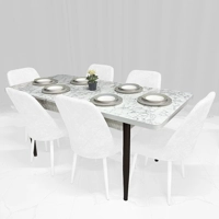 Tavolinë Buke Teksturë Mermeri i bardhë (170/132x78x80cm) e zgjatshme, këmbë metalike-Vetem tavolina