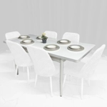 Tavolinë Buke e bardhë (170/132x78x80cm) e zgjatshme, me këmbë metalike (Vetem tavolina)