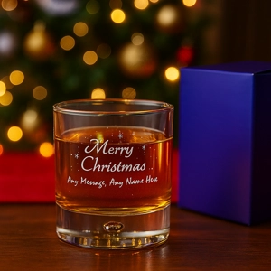 Engraved Merry Christmas Bubble Whisky,  with Gift Box including festive back ground  and glass with whisky in