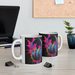 Gaming Mug features a vivid color paint splash headphones design