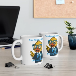 Funny Reform UK political mug with cartoon duck in suit, Sir Quacksalot, with text “You Know It Makes Ducking Sense”