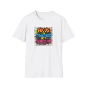 Graffiti T-shirt with motivational message “Focus on Progress Not Perfection” in bold, colorful text and street art style