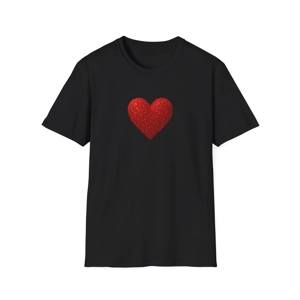 Black t-shirt features a vibrant red heart design that adds a pop of color and conveys warmth and love,