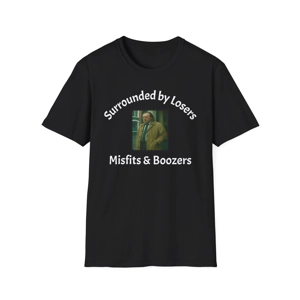 based on the succsefull slow horses tv show black t shirt that has text surrounded by losers, misfits & boozers