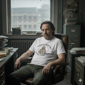 Man sitting in scruffy office wearing a white t shirt with Jackson lamb graphic and text quote Well, don't think you're getting a gold star