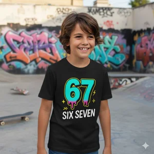 Boy in a street scene wearing Vibrant Six Seven black T-shirt inspired by the viral social media trend everyone’s talking about. Comfort. Featuring bold neon graphics that pop