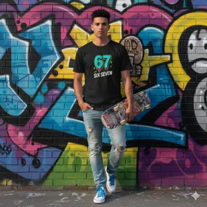 Young Man standing in front of graphic street graffiti wearing Black Six Seven (6 7) meme T-shirt viral vivid colour with paint drip effect