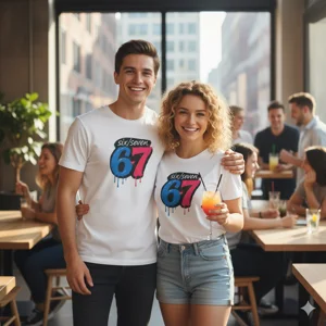 Young man and woman in a bar  wearing white Six/Seven Meme Viral T-Shirt | Funny 6/7
vivid oil paint drip colours