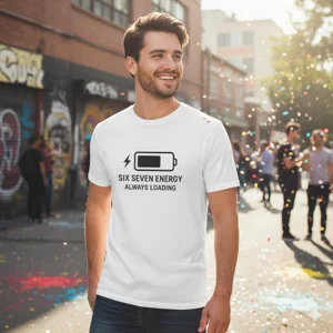 Young Man standing in a busy street, wearing Always Loading white T-shirt A sleek, minimalist design featuring a 67% charged battery bar and bold typography that says it all you're still loading,