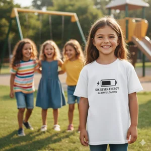 Girl with friends wearing white Kid's Tee, Six Seven Meme Battery Loading Funny Graphic