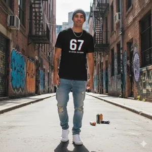 A young man in an urban street setting wearing a black Glitch 6 7 T-Shirt with text don't you know blends meme culture with streetwear.